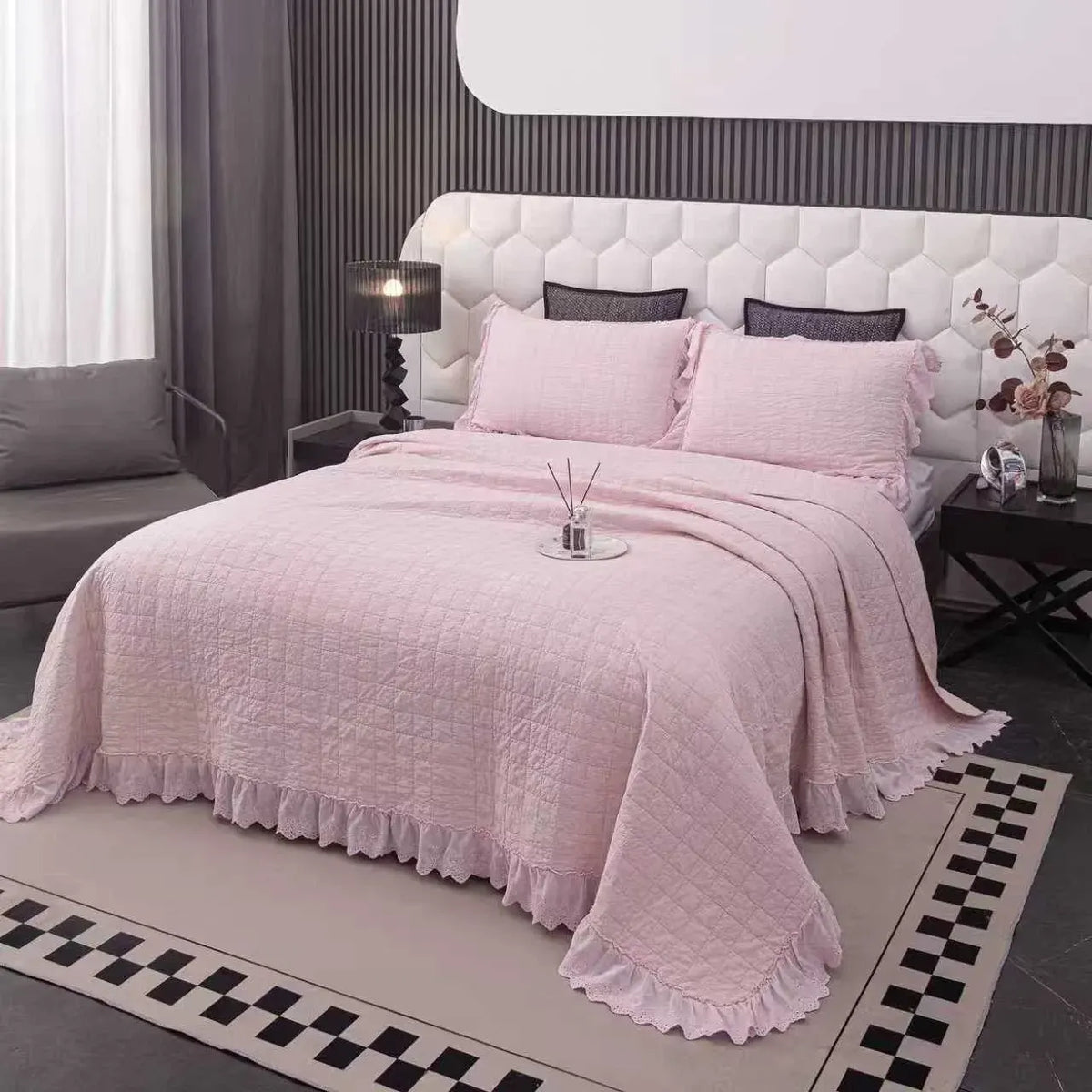 100% Cotton Embossed Pink Fringe Dream Coverlet Bedspread Set