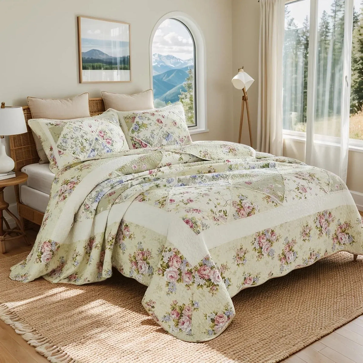 100% Cotton Ivory Cottage Rose Coverlet Bedspread Set