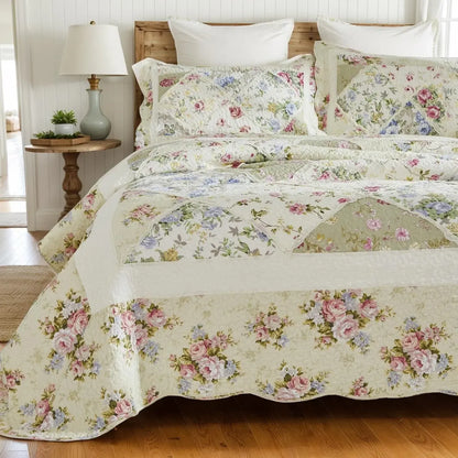 100% Cotton Ivory Cottage Rose Coverlet Bedspread Set - Image 2