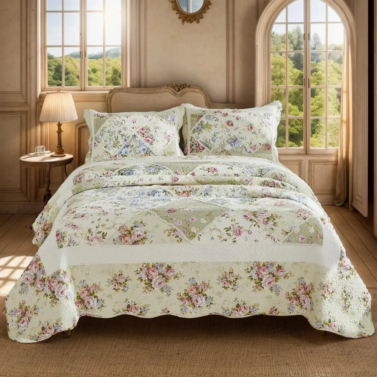 100% Cotton Ivory Cottage Rose Coverlet Bedspread Set - Image 3