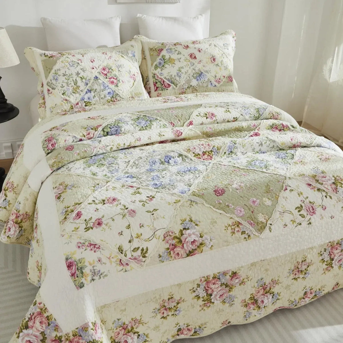 100% Cotton Ivory Cottage Rose Coverlet Bedspread Set - Image 5