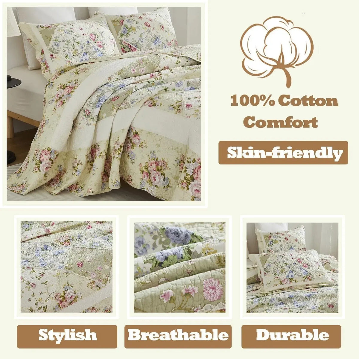 100% Cotton Ivory Cottage Rose Coverlet Bedspread Set - Image 6