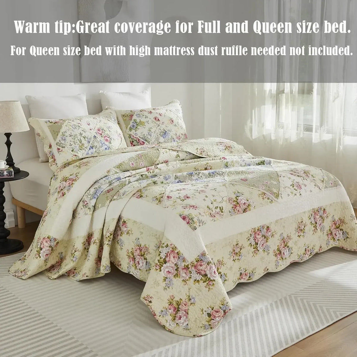 100% Cotton Ivory Cottage Rose Coverlet Bedspread Set - Image 7