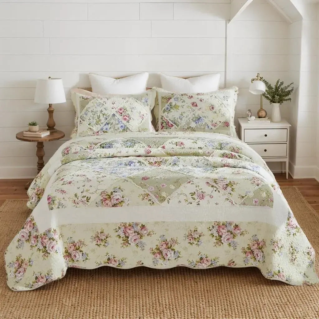 100% Cotton Ivory Cottage Rose Coverlet Bedspread Set - Image 8