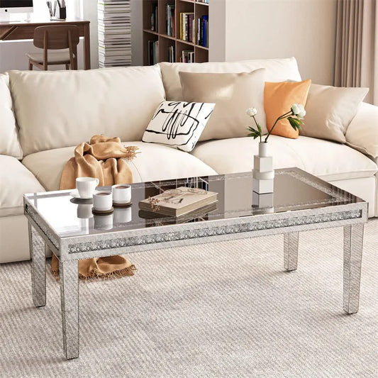 Silver Mirrored Coffee Table with Crushed Crystal Diamond Inlay Rectangular Center Table for Living Room - Image 2