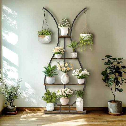 180Cm Tall Plant Stand Indoor Vase-Shape Metal Plant Shelf With Hanging Hooks - Image 2