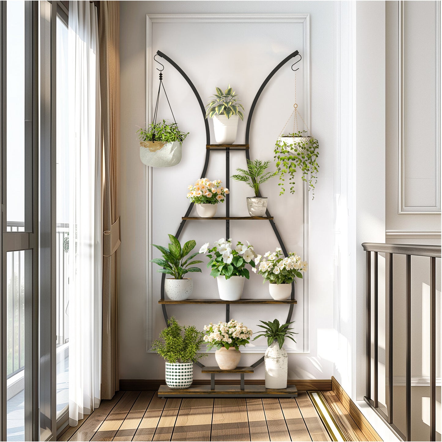 180Cm Tall Plant Stand Indoor Vase-Shape Metal Plant Shelf With Hanging Hooks - Image 4