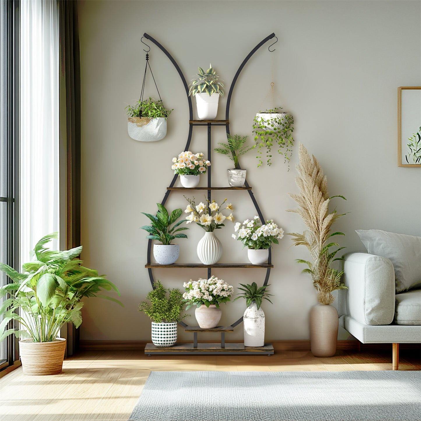 180Cm Tall Plant Stand Indoor Vase-Shape Metal Plant Shelf With Hanging Hooks - Image 6