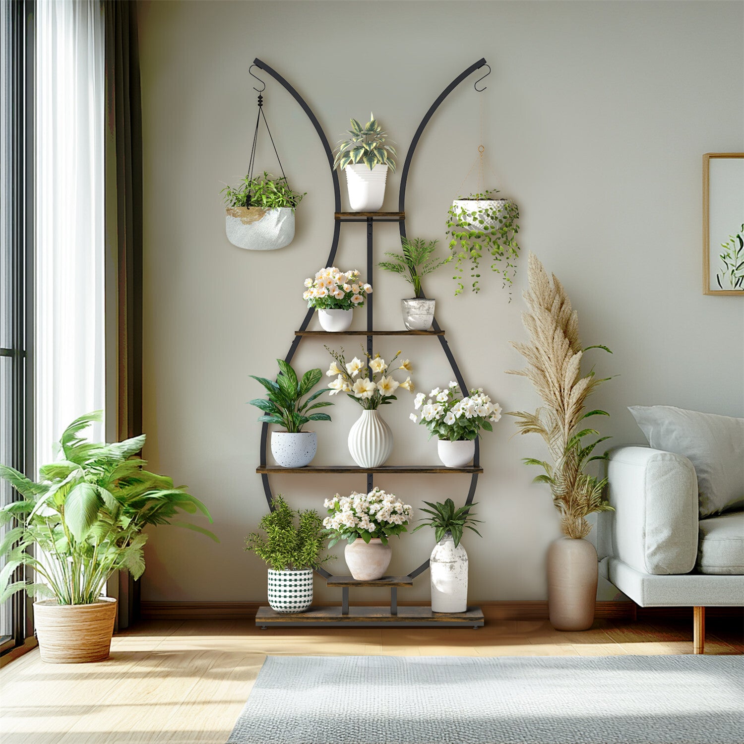 180Cm Tall Plant Stand Indoor Vase-Shape Metal Plant Shelf With Hanging Hooks - Image 6