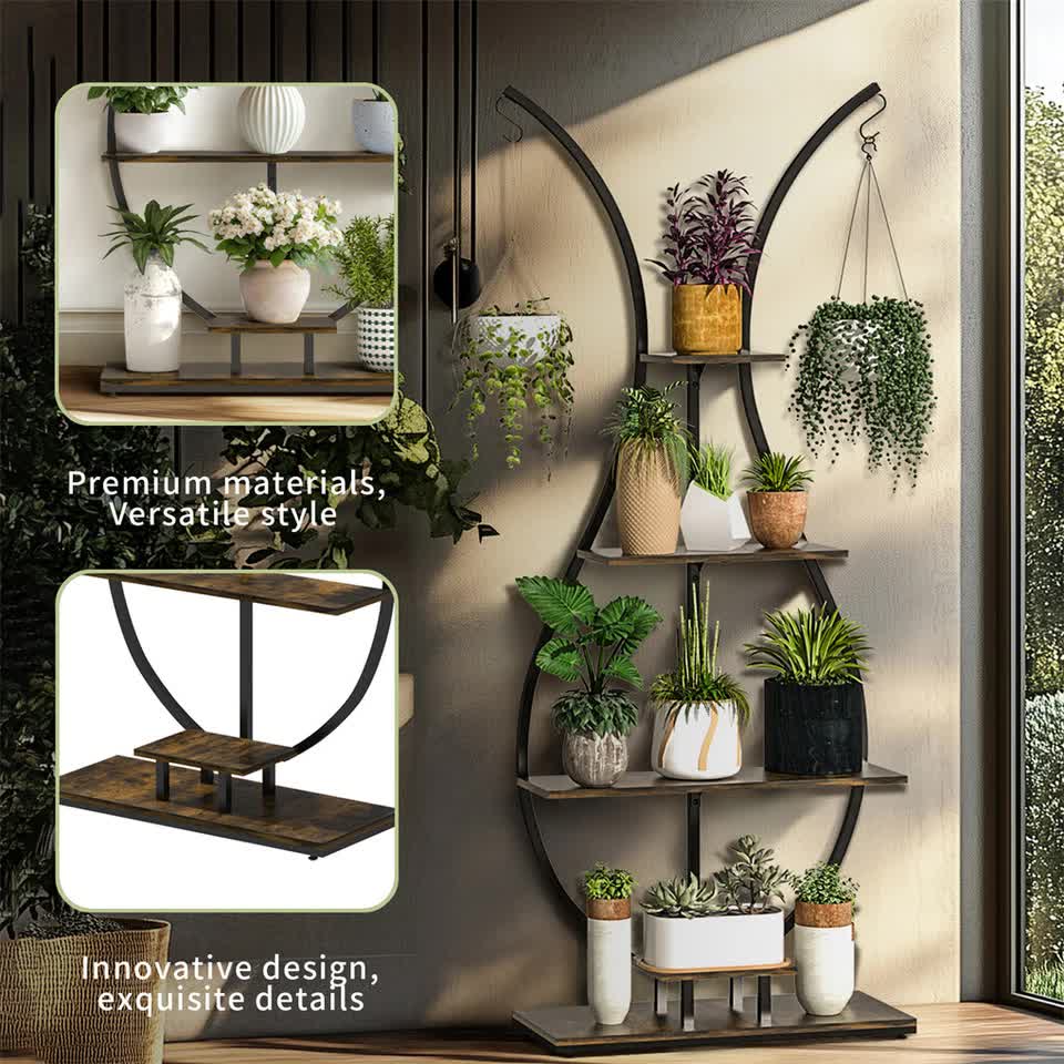 180Cm Tall Plant Stand Indoor Vase-Shape Metal Plant Shelf With Hanging Hooks - Image 7