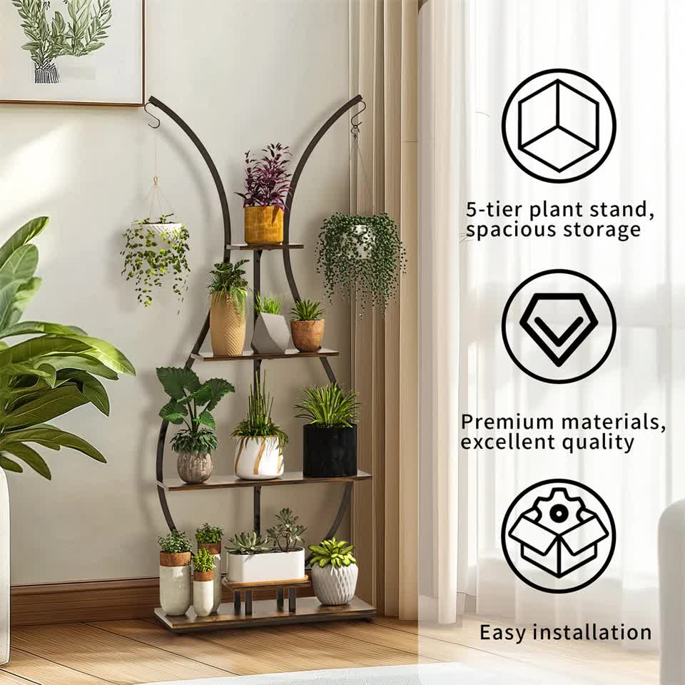 180Cm Tall Plant Stand Indoor Vase-Shape Metal Plant Shelf With Hanging Hooks - Image 8