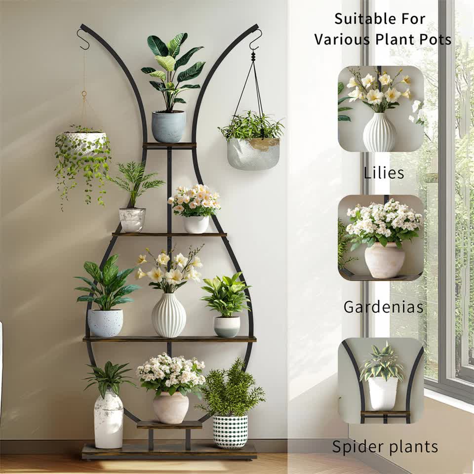 180Cm Tall Plant Stand Indoor Vase-Shape Metal Plant Shelf With Hanging Hooks - Image 9