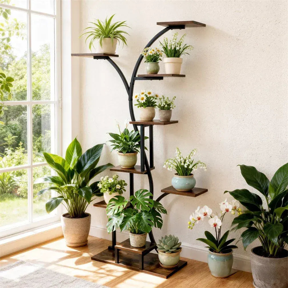 8 Tier Tree-Shaped Plant Stand Indoor Tall Plant Shelf Display Rack with Optional LED Grow Lights Metal MDF Flower Pot Holder - Image 2