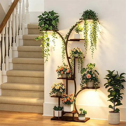 8 Tier Tree-Shaped Plant Stand Indoor Tall Plant Shelf Display Rack with Optional LED Grow Lights Metal MDF Flower Pot Holder - Image 3