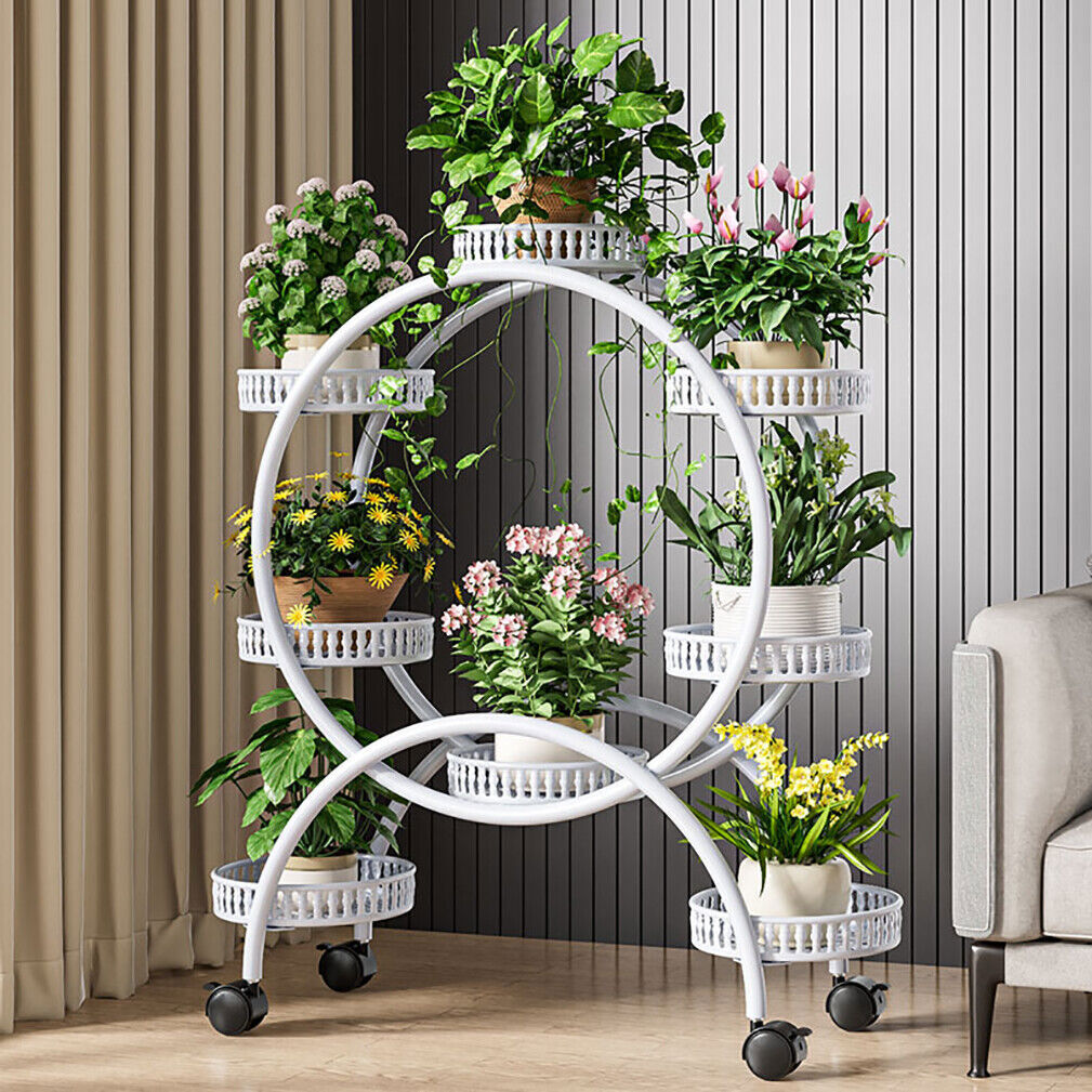 Fin White Metal Plant Stand 6-Potted Flower Pot Holder W Wheels 4 Tier Display Shelf - Image 3