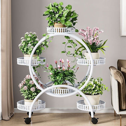Fin White Metal Plant Stand 6-Potted Flower Pot Holder W Wheels 4 Tier Display Shelf - Image 4
