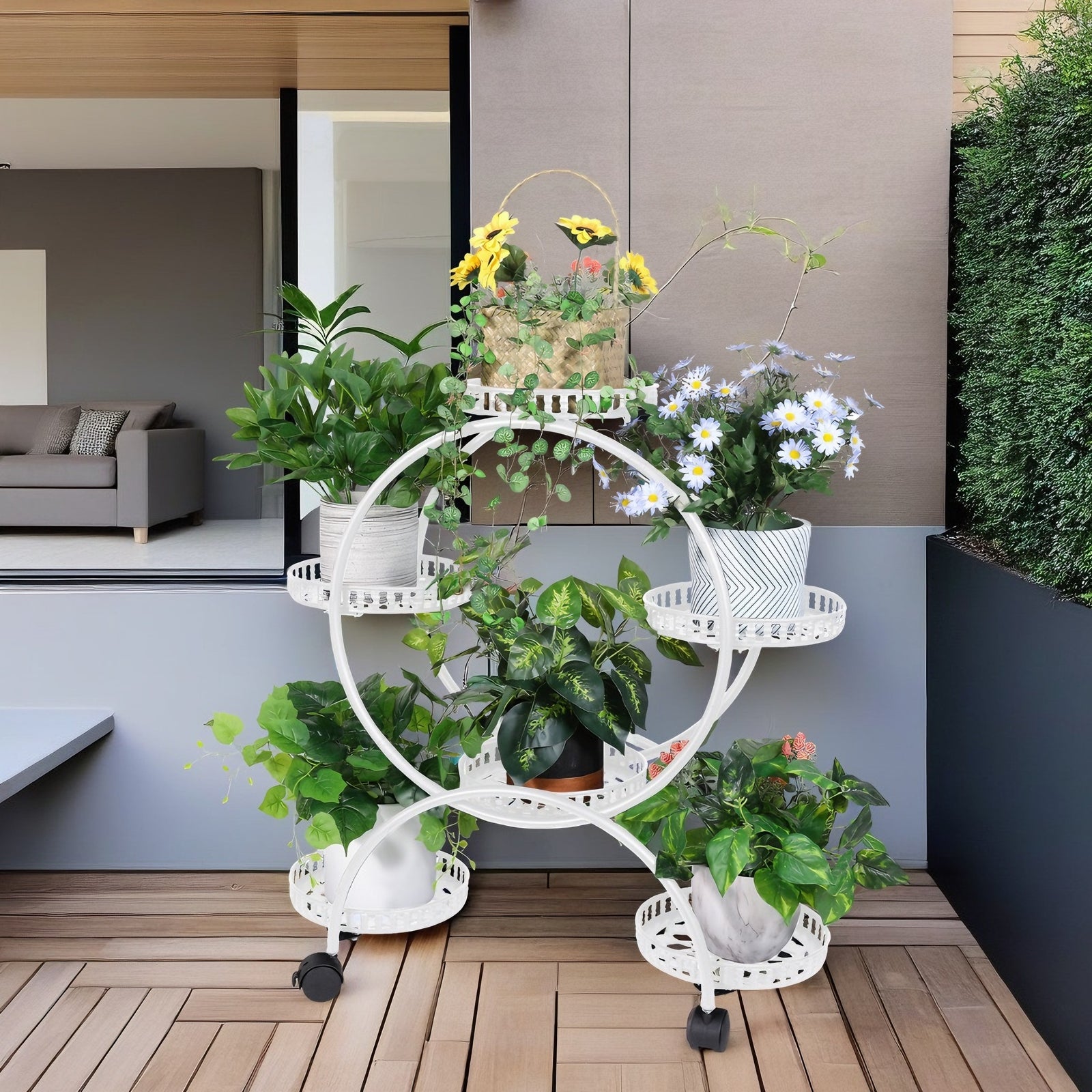 Fin White Metal Plant Stand 6-Potted Flower Pot Holder W Wheels 4 Tier Display Shelf - Image 5