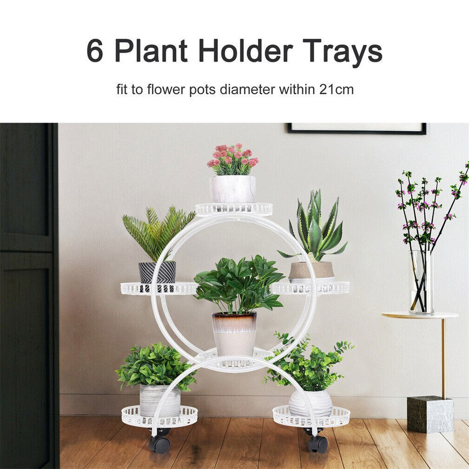 Fin White Metal Plant Stand 6-Potted Flower Pot Holder W Wheels 4 Tier Display Shelf - Image 8