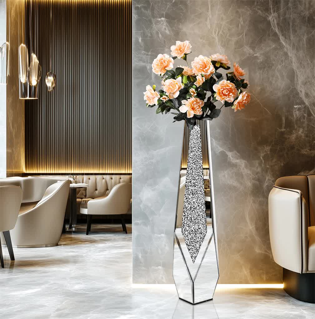 P&P Silver Sparkling Diamond Floor Vase with Glass Inlay for Modern Living Room Decoration - Image 2