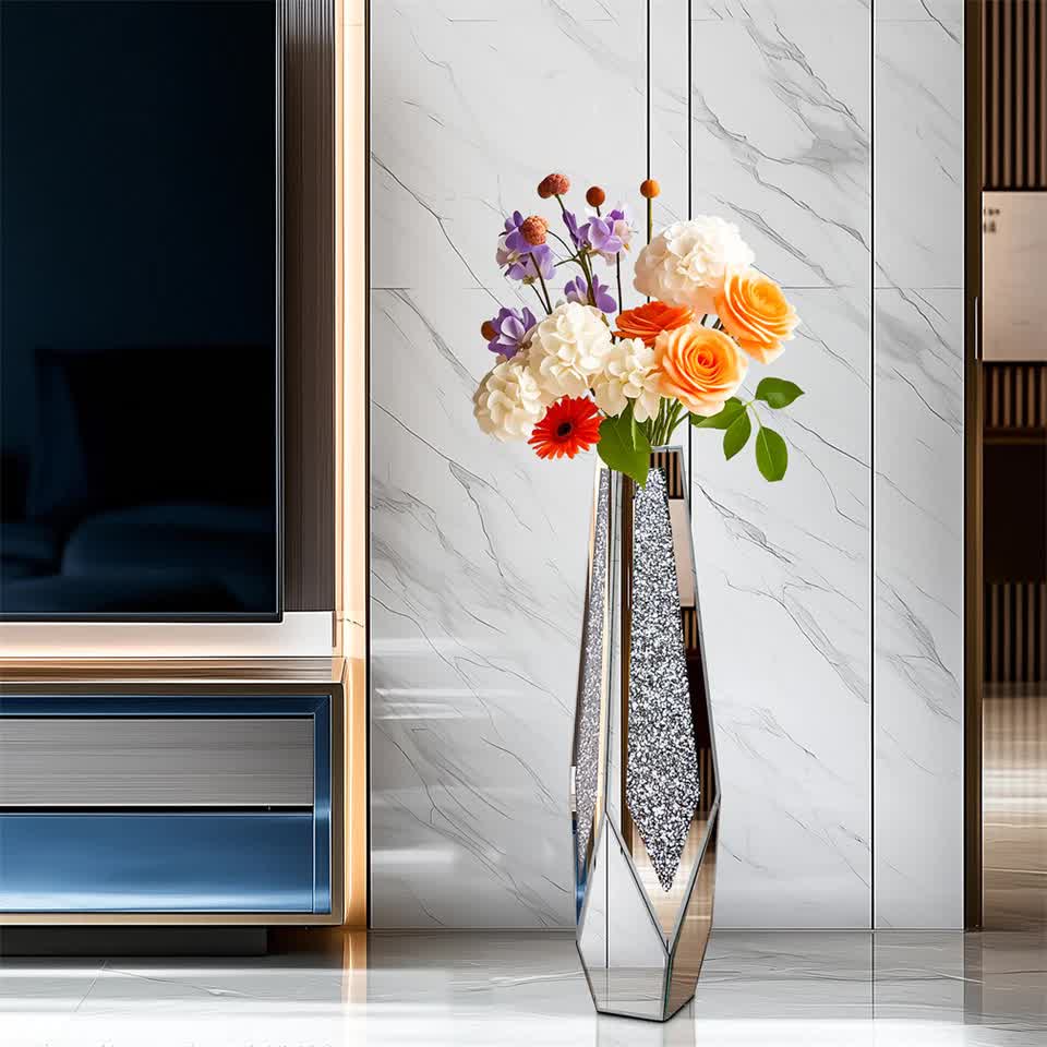 P&P Silver Sparkling Diamond Floor Vase with Glass Inlay for Modern Living Room Decoration - Image 5