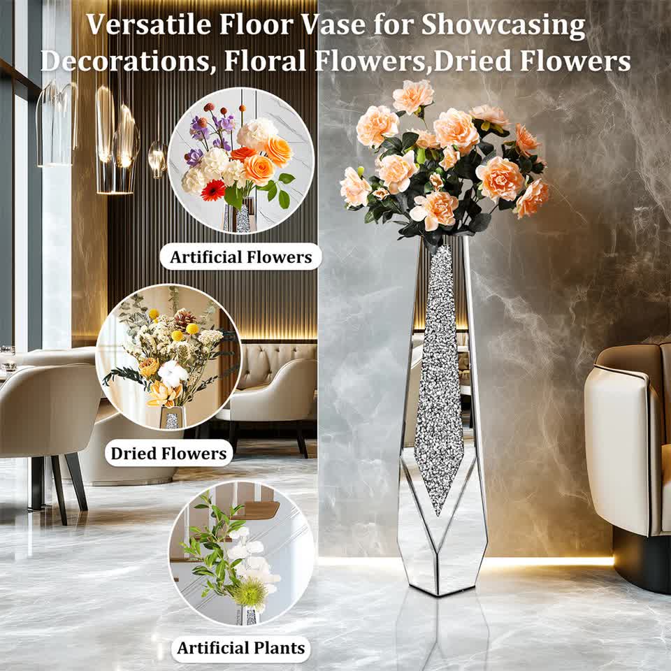 P&P Silver Sparkling Diamond Floor Vase with Glass Inlay for Modern Living Room Decoration - Image 8