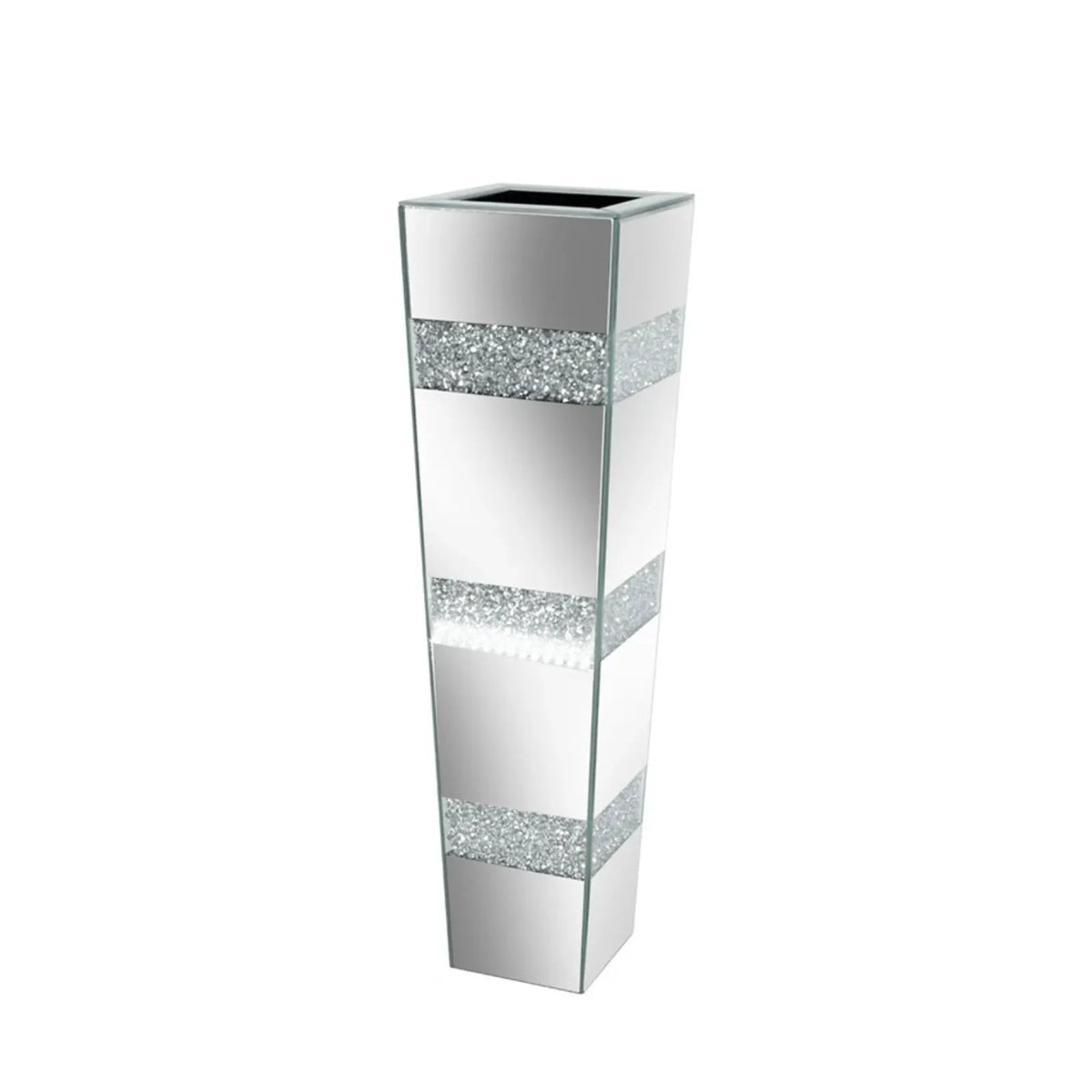 P&P Silver Crushed Diamond Flower Vase with Mirrored Glass for Elegant Home Decoration