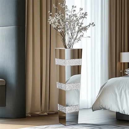 P&P Silver Crushed Diamond Flower Vase with Mirrored Glass for Elegant Home Decoration - Image 2