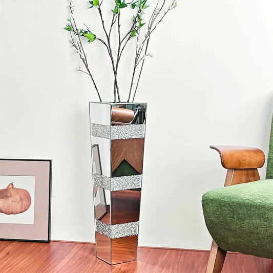 P&P Silver Crushed Diamond Flower Vase with Mirrored Glass for Elegant Home Decoration - Image 3