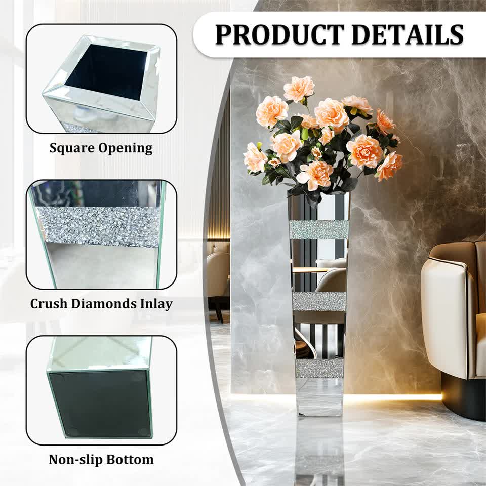 P&P Silver Crushed Diamond Flower Vase with Mirrored Glass for Elegant Home Decoration - Image 4