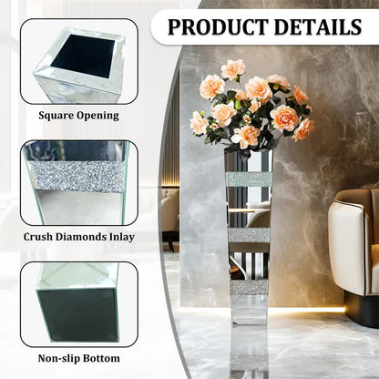 P&P Silver Crushed Diamond Flower Vase with Mirrored Glass for Elegant Home Decoration - Image 4
