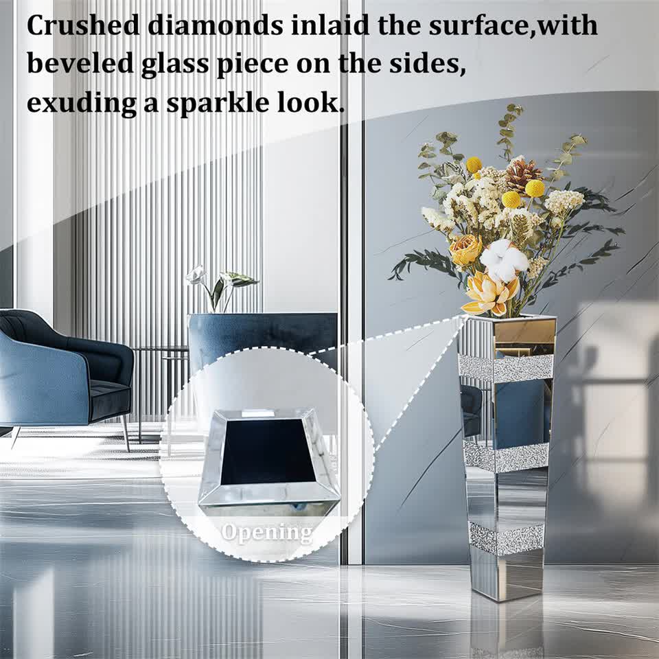 P&P Silver Crushed Diamond Flower Vase with Mirrored Glass for Elegant Home Decoration - Image 6