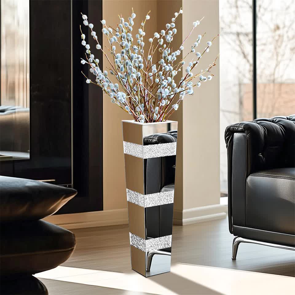 P&P Silver Crushed Diamond Flower Vase with Mirrored Glass for Elegant Home Decoration - Image 8