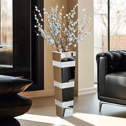P&P Silver Crushed Diamond Flower Vase with Mirrored Glass for Elegant Home Decoration - Image 8
