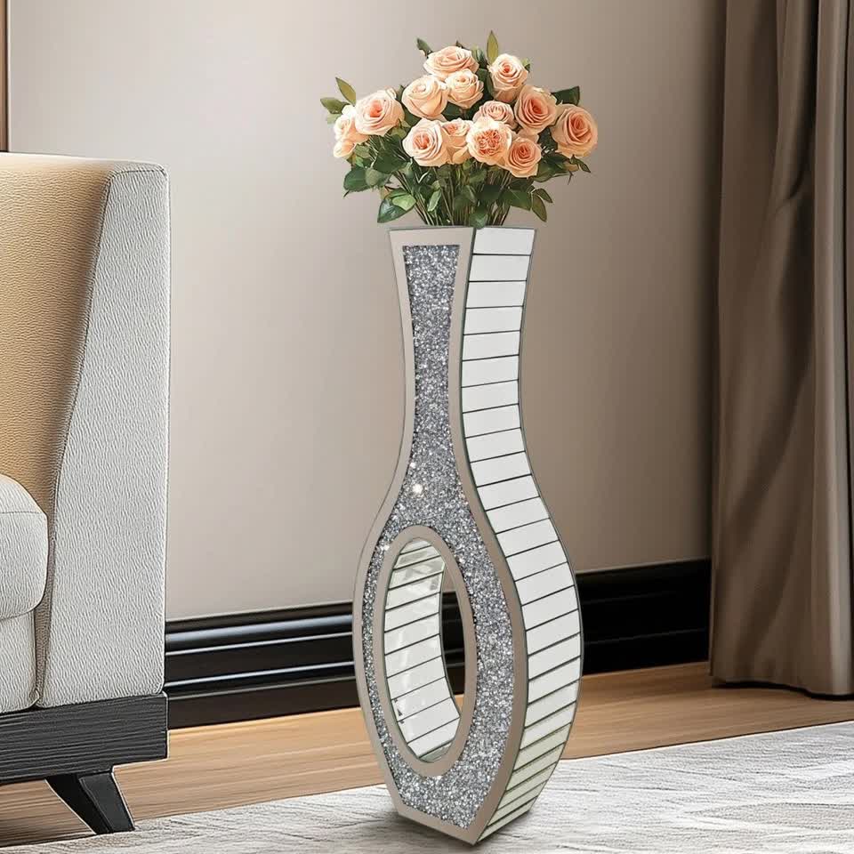 30-Inch Tall Double Sided Crushed Diamond Floor Vase Large Mirrored Silver Crystal Décor - Image 3