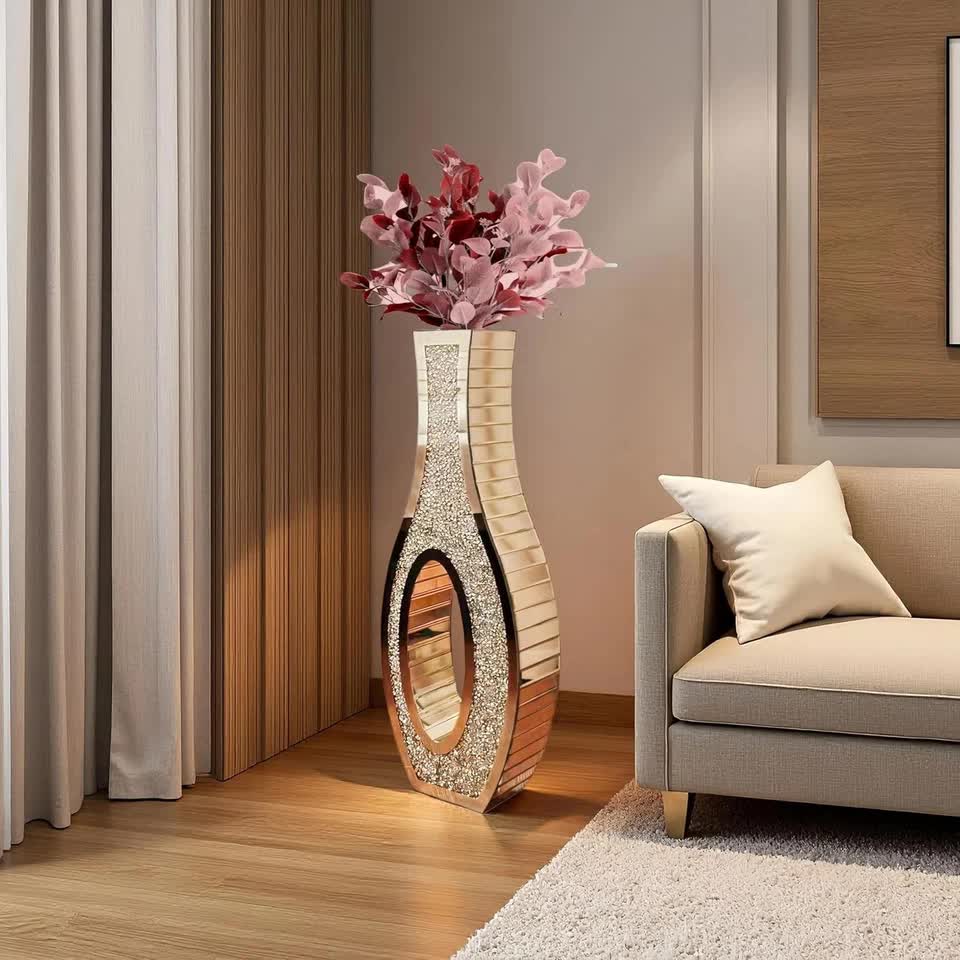 30-Inch Tall Double Sided Crushed Diamond Floor Vase Large Mirrored Silver Crystal Décor - Image 4
