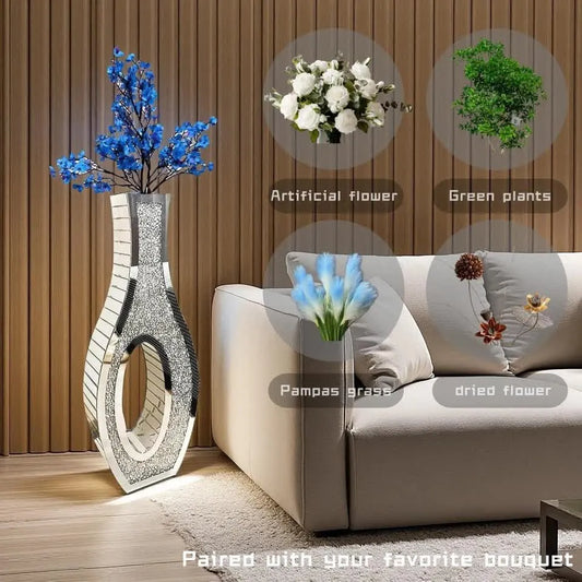 30-Inch Tall Double Sided Crushed Diamond Floor Vase Large Mirrored Silver Crystal Décor - Image 5
