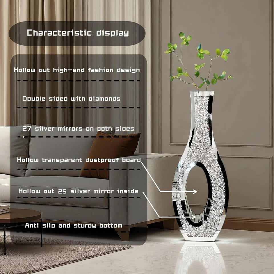 30-Inch Tall Double Sided Crushed Diamond Floor Vase Large Mirrored Silver Crystal Décor - Image 7