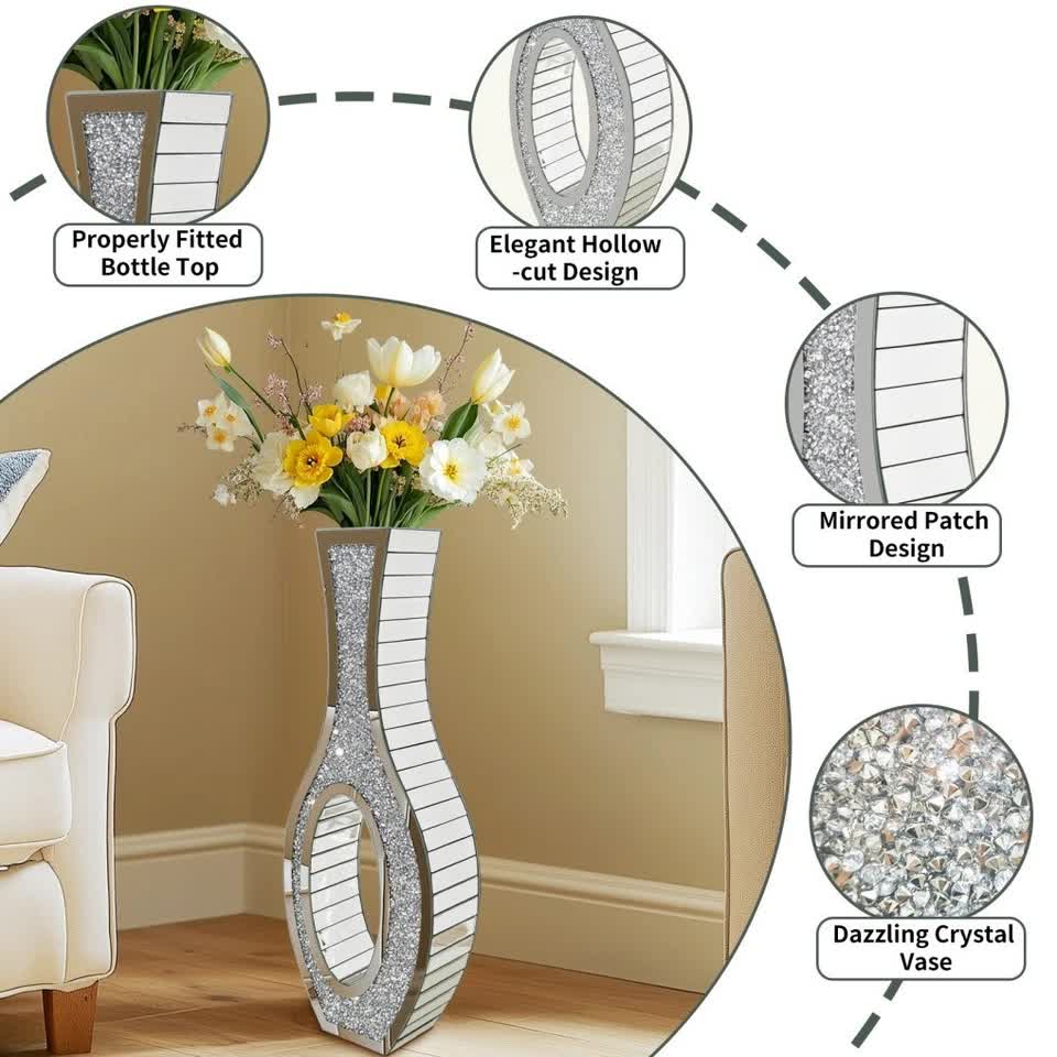 30-Inch Tall Double Sided Crushed Diamond Floor Vase Large Mirrored Silver Crystal Décor - Image 9