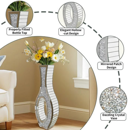 30-Inch Tall Double Sided Crushed Diamond Floor Vase Large Mirrored Silver Crystal Décor - Image 9