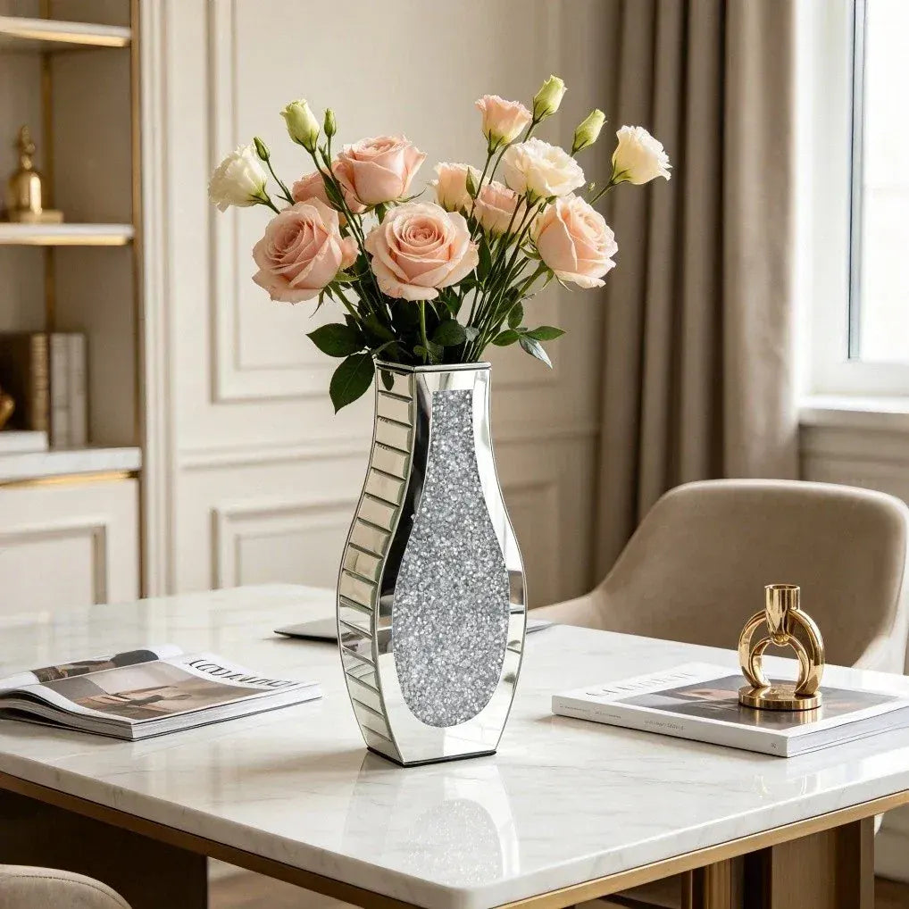 Silver Crushed Diamond Flower Vase Mirrored Glass Decorative Table Vase for Home Wedding Centerpieces