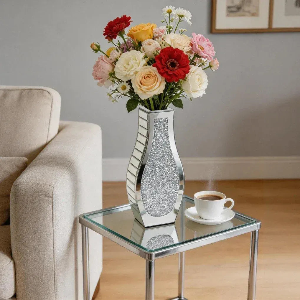 Silver Crushed Diamond Flower Vase Mirrored Glass Decorative Table Vase for Home Wedding Centerpieces - Image 2