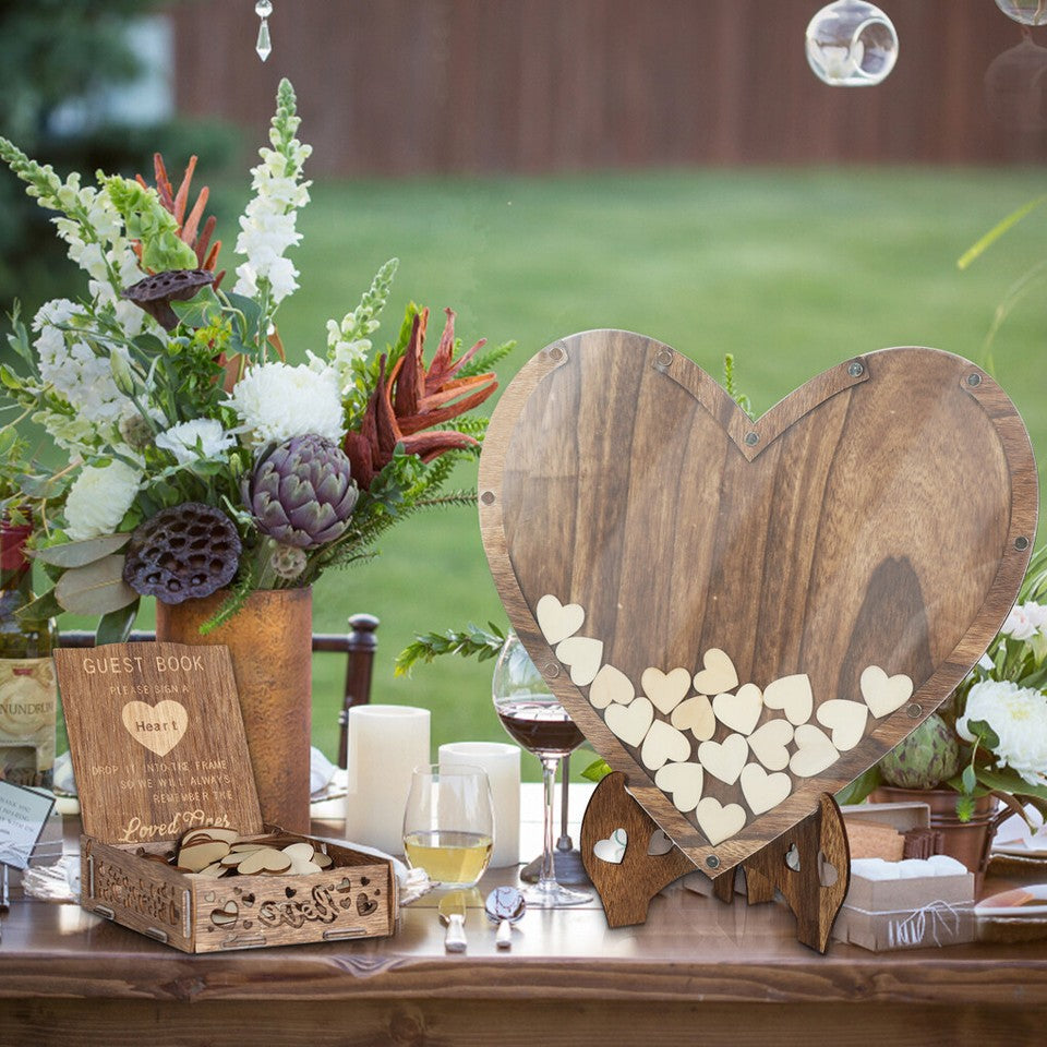 Wedding Guest Book Alternative with Stand+Storage Box+88PCS Wooden Hearts+Pens - Image 4