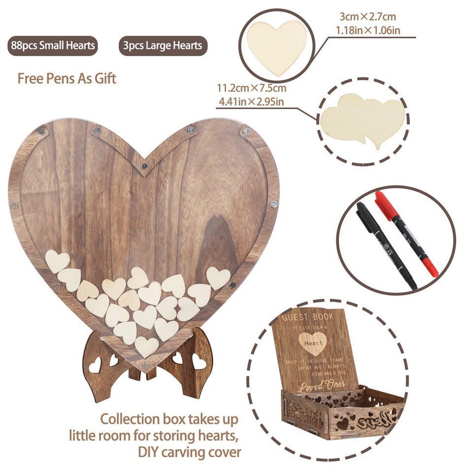 Wedding Guest Book Alternative with Stand+Storage Box+88PCS Wooden Hearts+Pens - Image 6