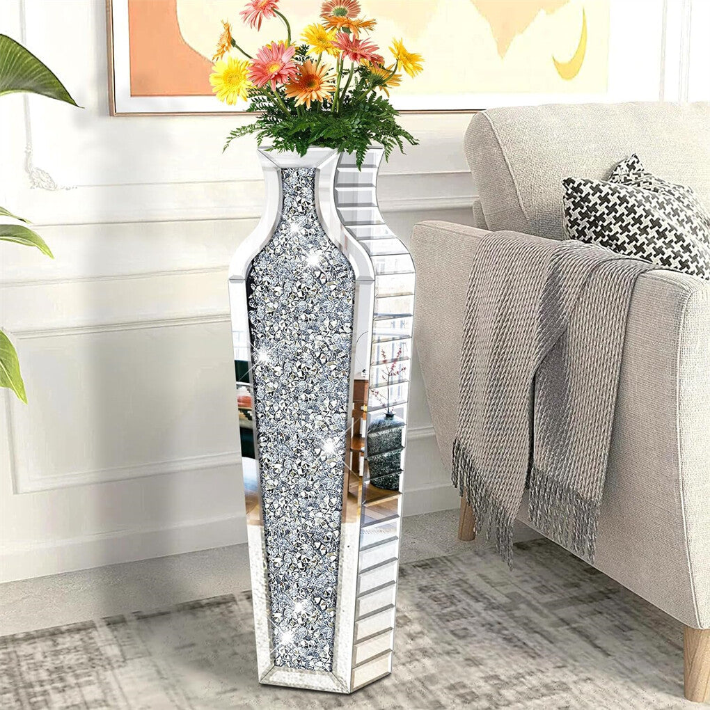 Sparkling Crushed Diamond Mirrored Floor Vase Tall Silver Glass Fake Flower Vase - Image 2