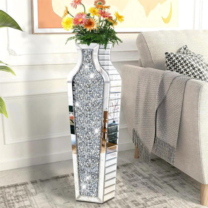 Sparkling Crushed Diamond Mirrored Floor Vase Tall Silver Glass Fake Flower Vase - Image 2