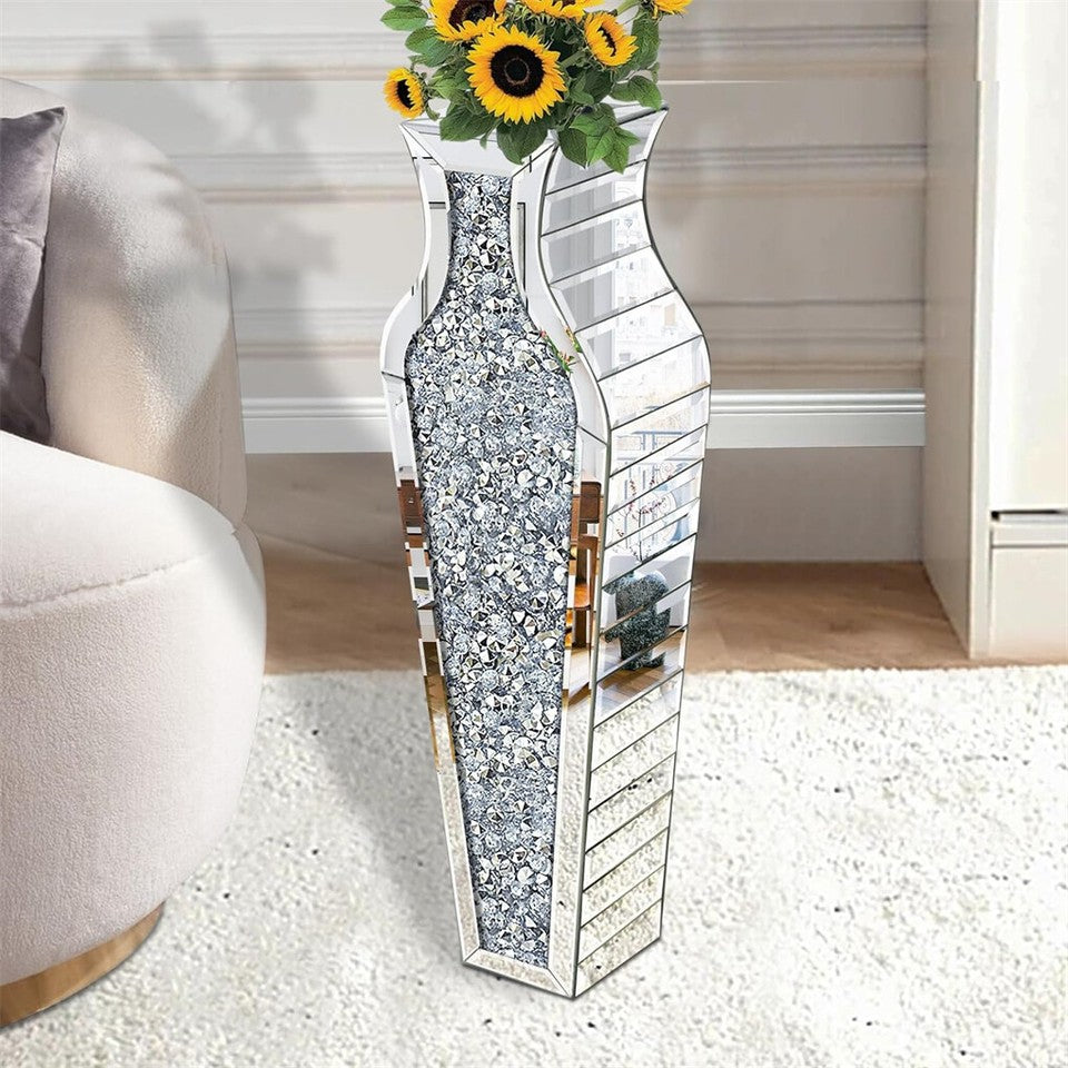 Sparkling Crushed Diamond Mirrored Floor Vase Tall Silver Glass Fake Flower Vase - Image 3