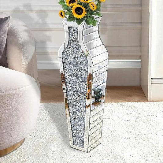Sparkling Crushed Diamond Mirrored Floor Vase Tall Silver Glass Fake Flower Vase - Image 3