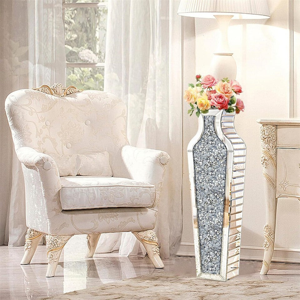 Sparkling Crushed Diamond Mirrored Floor Vase Tall Silver Glass Fake Flower Vase - Image 4