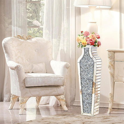 Sparkling Crushed Diamond Mirrored Floor Vase Tall Silver Glass Fake Flower Vase - Image 4