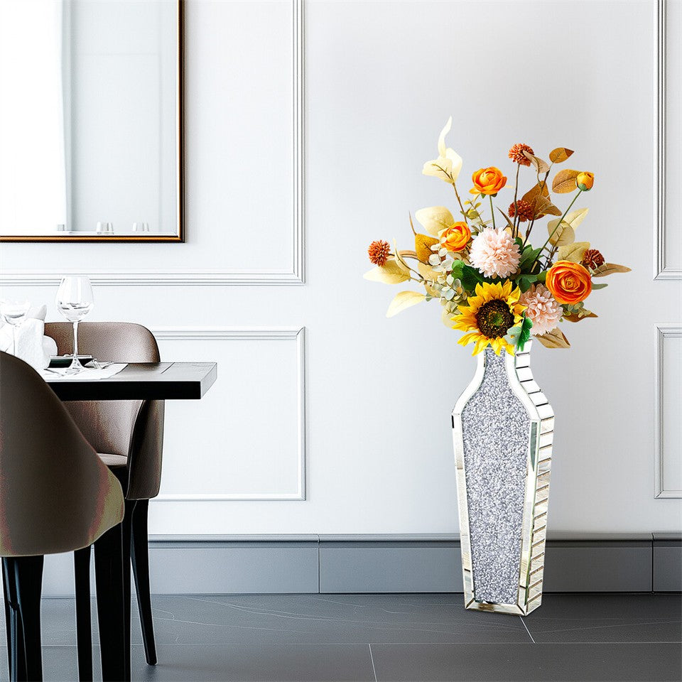 Sparkling Crushed Diamond Mirrored Floor Vase Tall Silver Glass Fake Flower Vase - Image 7
